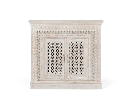 Giner and Colomer - Antique White Mango Wood Sideboard With 2 Hand-Carved Doors