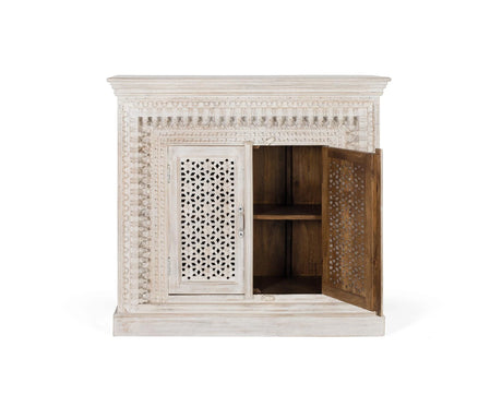 Giner and Colomer - Antique White Mango Wood Sideboard With 2 Hand-Carved Doors