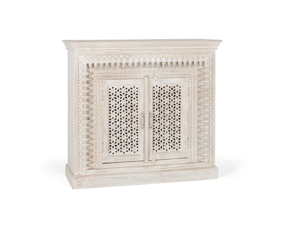 Giner and Colomer - Antique White Mango Wood Sideboard With 2 Hand-Carved Doors