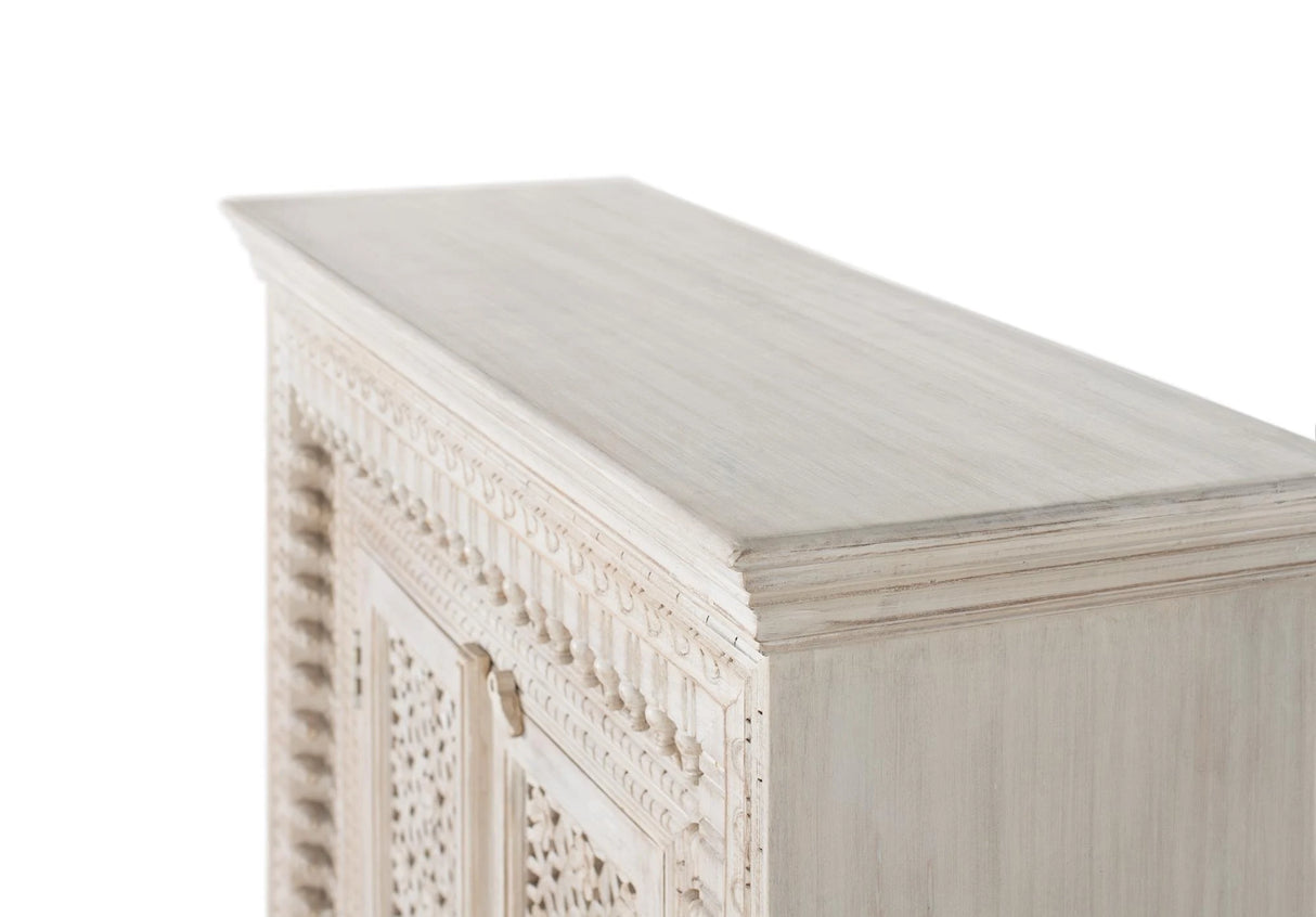 Giner and Colomer - Antique White Mango Wood Sideboard With 2 Hand-Carved Doors