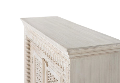 Giner and Colomer - Antique White Mango Wood Sideboard With 2 Hand-Carved Doors