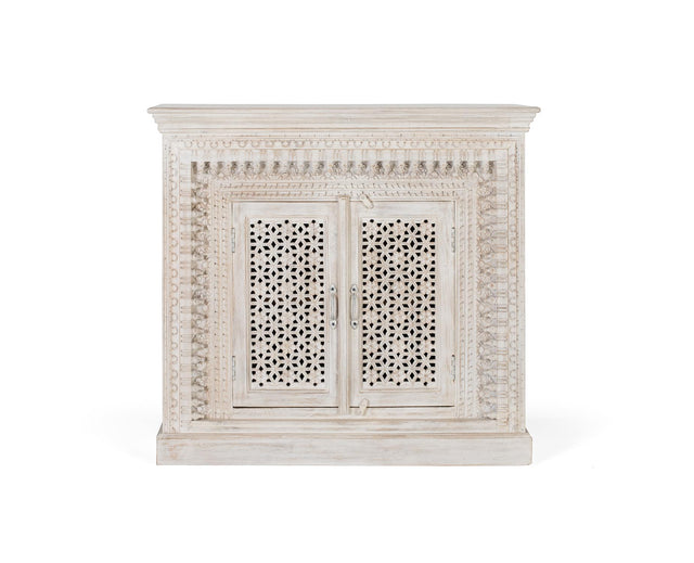 Giner and Colomer - Antique White Mango Wood Sideboard With 2 Hand-Carved Doors