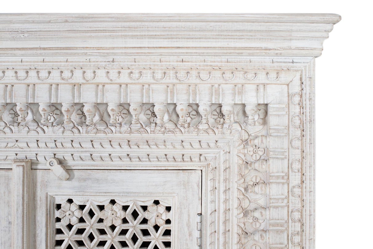 Giner and Colomer - Antique White Mango Wood Sideboard With 2 Hand-Carved Doors