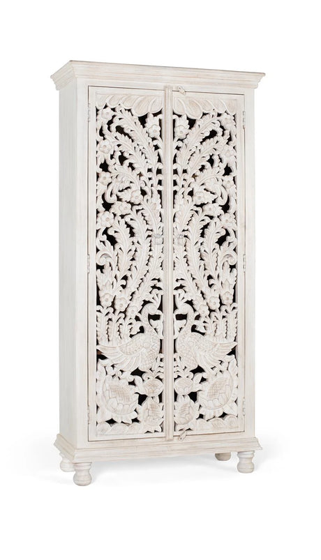 Giner and Colomer - Antique White Mango Wood Wardrobe With 2 Hand-Carved Doors