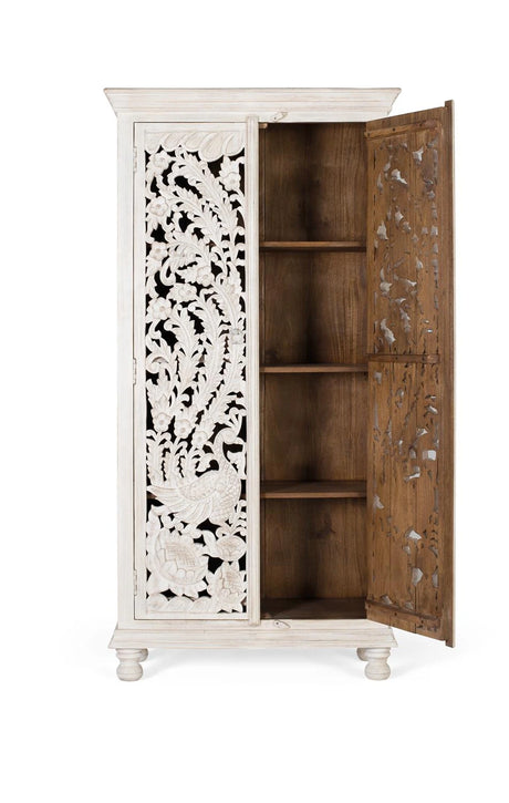 Giner and Colomer - Antique White Mango Wood Wardrobe With 2 Hand-Carved Doors