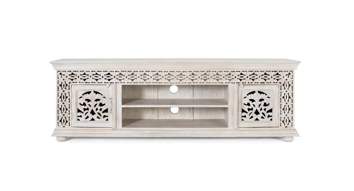 Giner and Colomer - Antique White Mango Wood TV Cabinet With Hand-Carved Doors