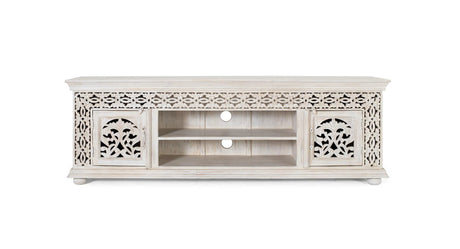 Giner and Colomer - Antique White Mango Wood TV Cabinet With Hand-Carved Doors