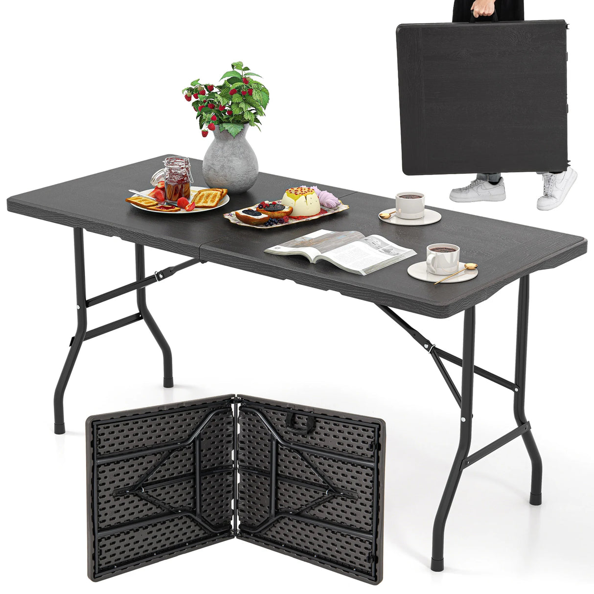 Outdoor Dining Table with Wood Grain HDPE Tabletop and Sturdy Metal Fame-Black