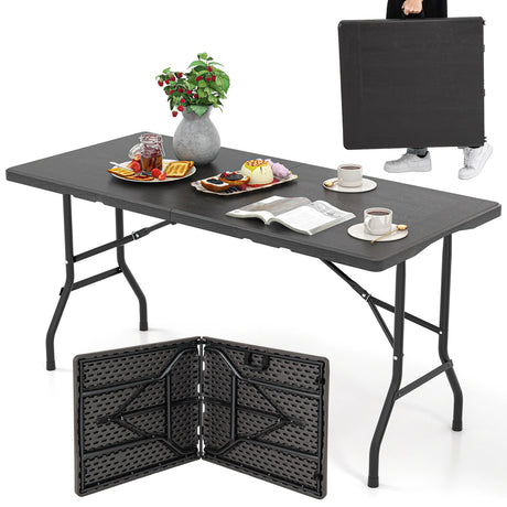 Outdoor Dining Table with Wood Grain HDPE Tabletop and Sturdy Metal Fame-Black