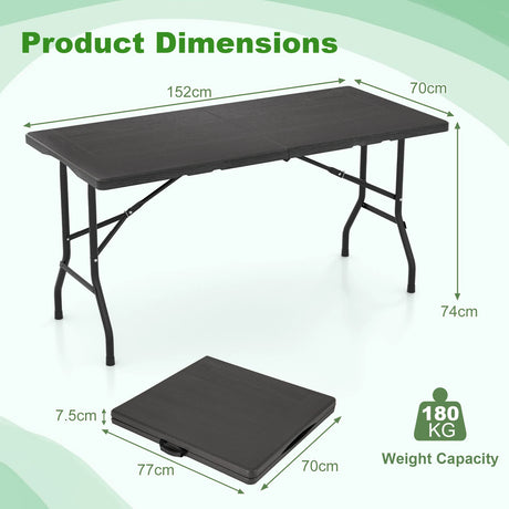 Outdoor Dining Table with Wood Grain HDPE Tabletop and Sturdy Metal Fame-Black