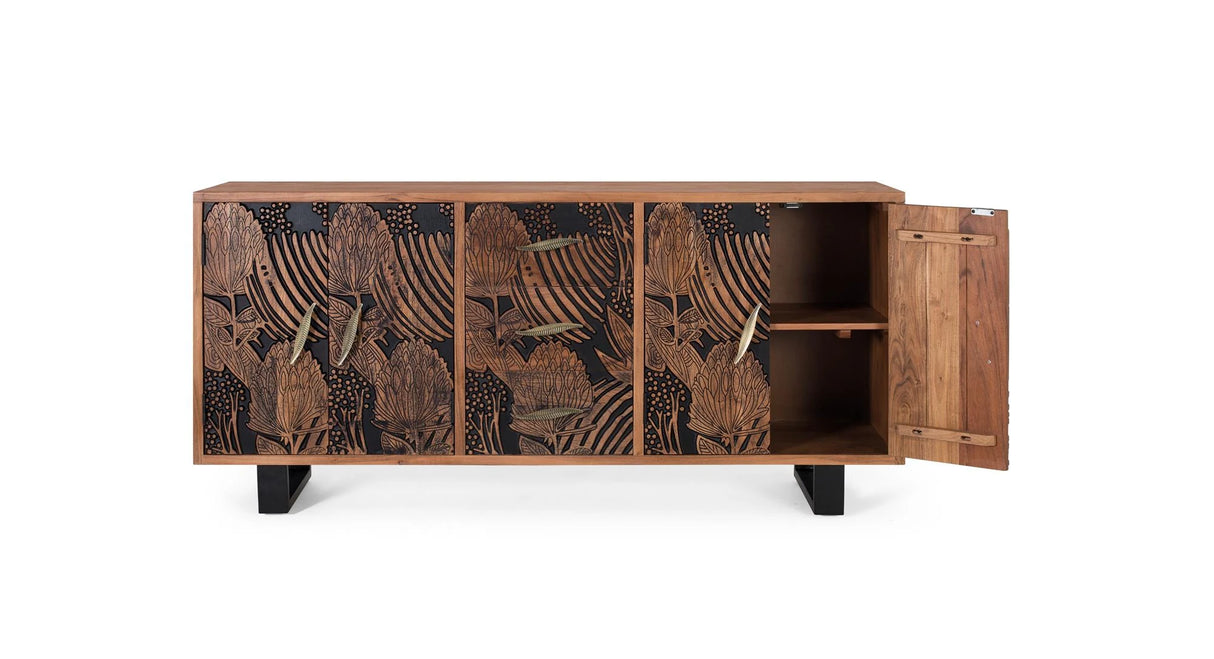 Giner and Colomer - Acacia Wood Sideboard With 4 Doors & 3 Drawers, Natural & Black