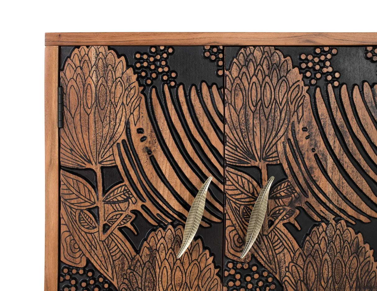 Giner and Colomer - Acacia Wood Sideboard With 4 Doors & 3 Drawers, Natural & Black