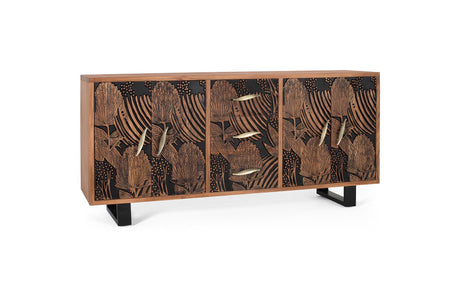 Giner and Colomer - Acacia Wood Sideboard With 4 Doors & 3 Drawers, Natural & Black
