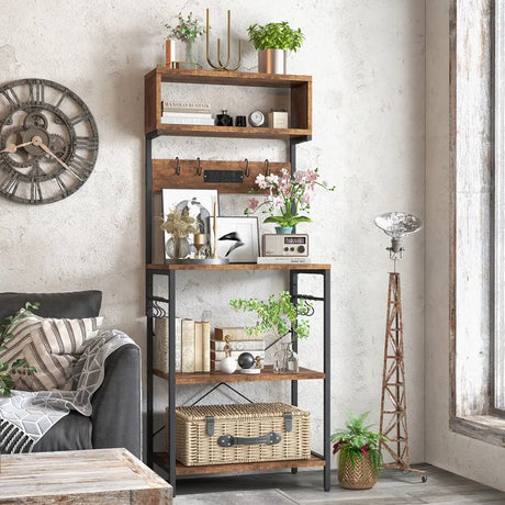 153 cm Tall Microwave Stand Kitchen Bakers Rack with Power Outlet-Rustic Brown
