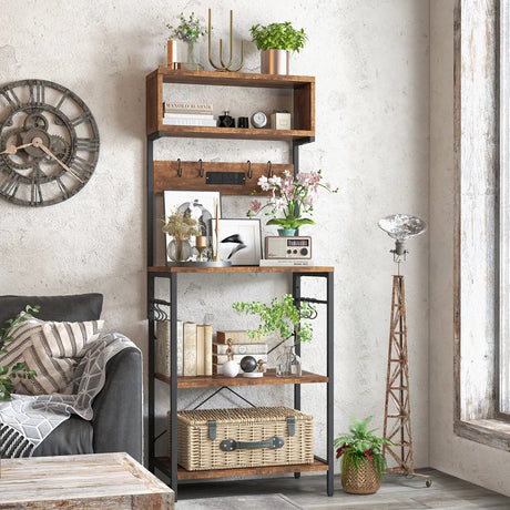 153 cm Tall Microwave Stand Kitchen Bakers Rack with Power Outlet-Rustic Brown
