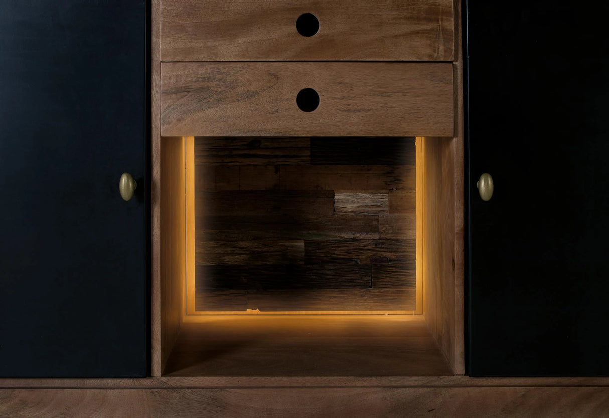 Giner and Colomer - Mango Wood Sideboard With Interior Lighting, 2 Metal Doors & 2 Drawers