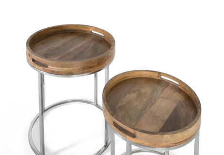 Giner and Colomer - Set Of 2 Acacia Wood & Stainless Steel Tables