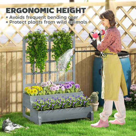 Outsunny 2-Tier Raised Garden Bed with Trellis, Wooden Elevated Planter Box with Drainage Holes, Outdoor Raised Planter for Climbing Plants, Fruits, Vegetables, Flowers, Grey