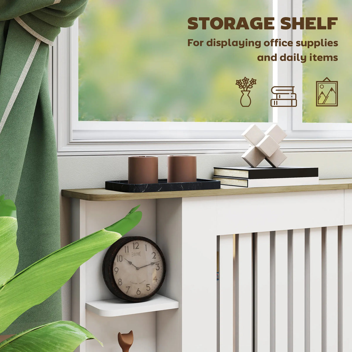 HOMCOM Radiator Cover with Open Storage Shelves, Vertical Slatted Cabinet Shelf Heater Cover for Living Room, Hallway, Extra Large, White (H: 83 / W: 191 / D: 19 cm)