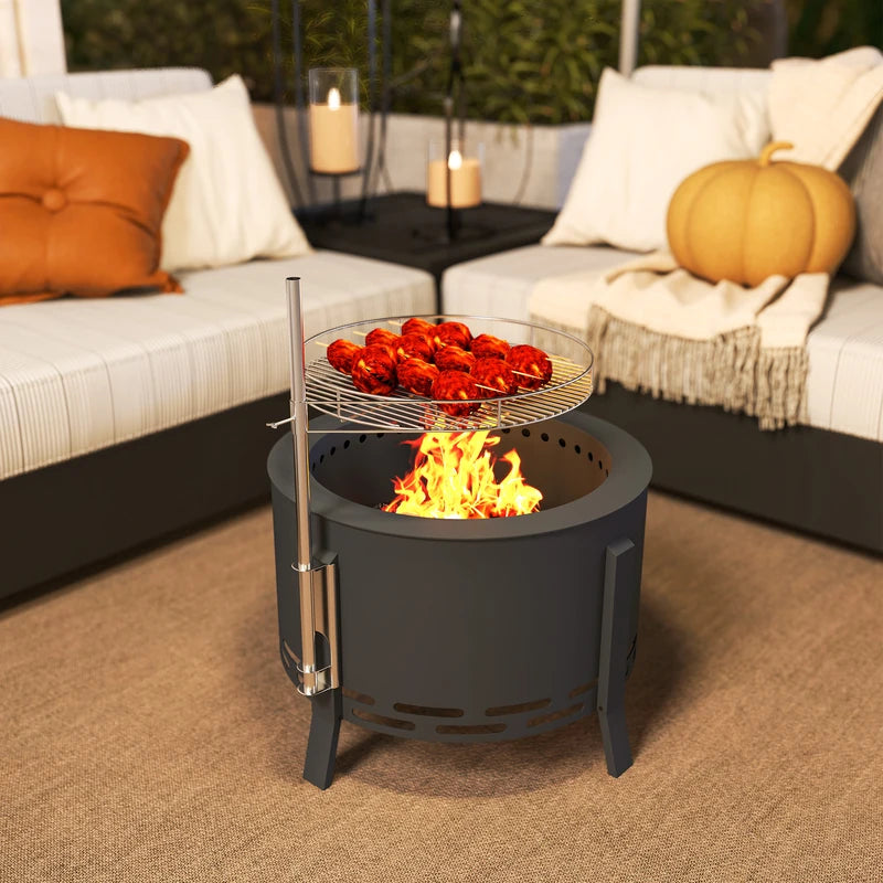 Outsunny Portable Fire Pit, 58 cm Round Firepit with Grill Grate, Fire Bowl with Ash Catcher and Poker, Fire Pit BBQ for Garden Camping Bonfire Picnic, Black