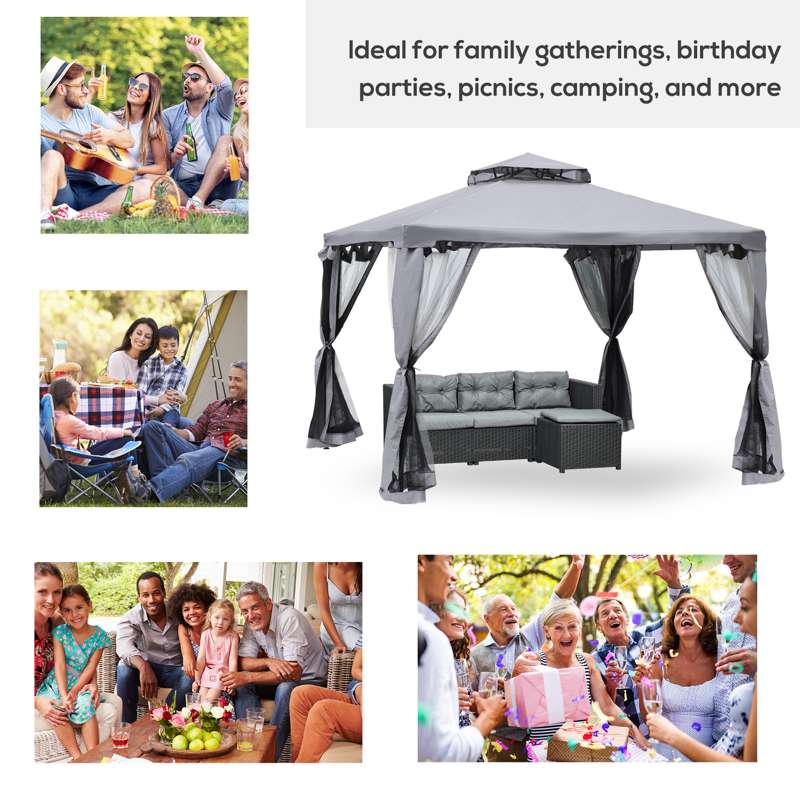 Outsunny 3 x 3 m Metal Gazebo, Garden Pavillion, Double Roof Outdoor Canopy Shelter with Mesh Sidewalls, Grey