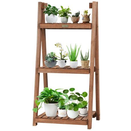 3-Tier Folding Flower Stand Rack Wood Plant Storage Display Shelf