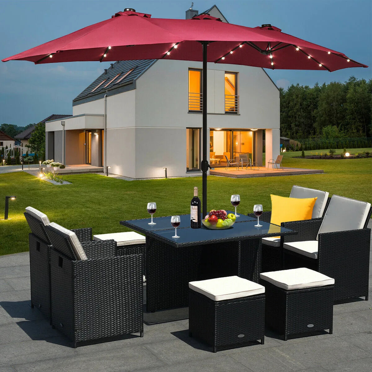15 Ft Solar LED Patio Double-sided Umbrella Market Umbrella with Weight Base-Red
