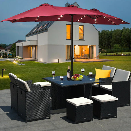 15 Ft Solar LED Patio Double-sided Umbrella Market Umbrella with Weight Base-Red