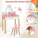Kids Vanity Table and Chair Pretend Play with Mirror and Drawers-Pink