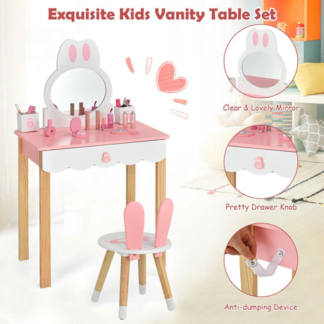 Kids Vanity Table and Chair Pretend Play with Mirror and Drawers-Pink
