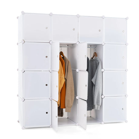 16 Cube Cabinet Storage Organizer with 2 Clothes Hanging Rails -White