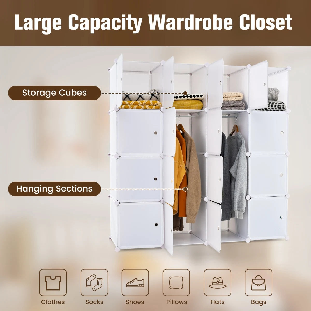 16 Cube Cabinet Storage Organizer with 2 Clothes Hanging Rails -White