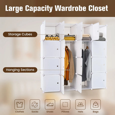 16 Cube Cabinet Storage Organizer with 2 Clothes Hanging Rails -White