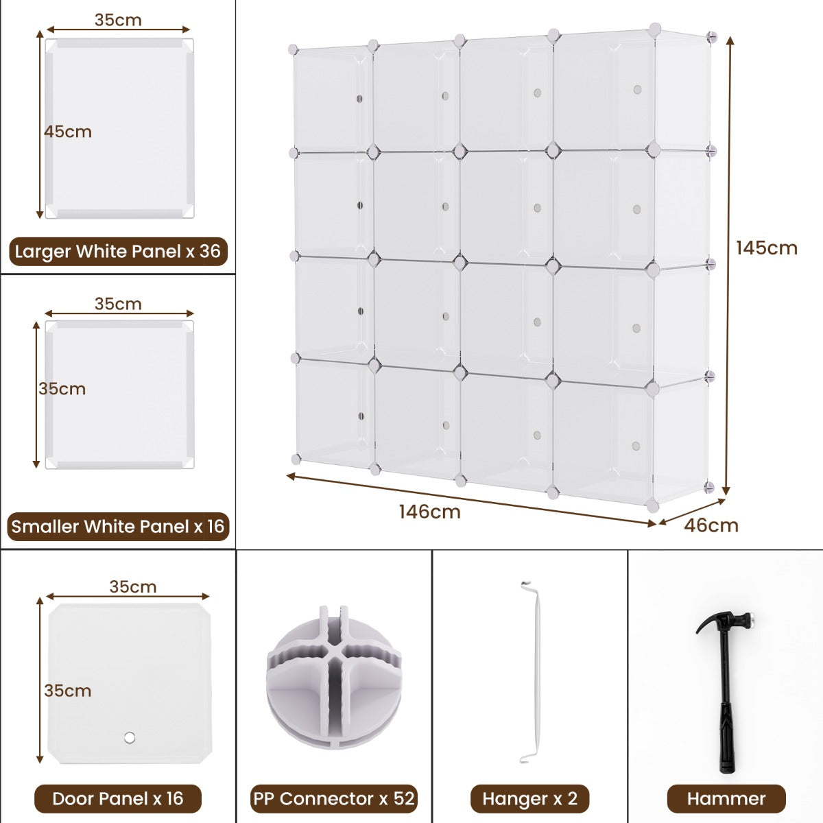 16 Cube Cabinet Storage Organizer with 2 Clothes Hanging Rails -White