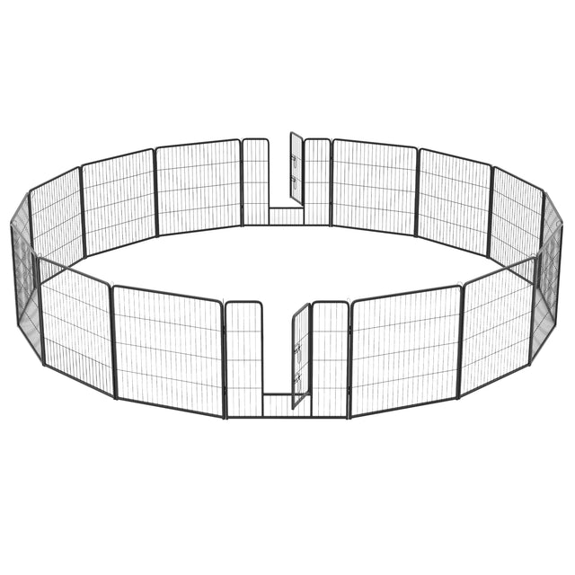 16 Panel 80cm Height Pen Fence with Lock and Large Door-Black