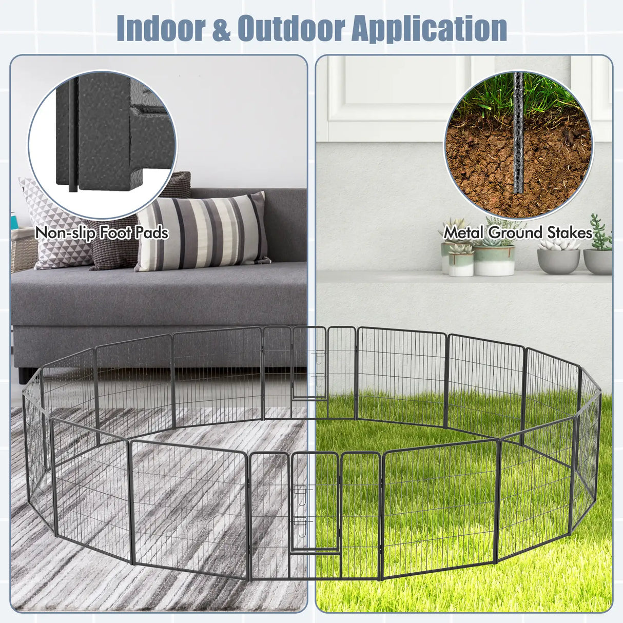 16 Panel 80cm Height Pen Fence with Lock and Large Door-Black
