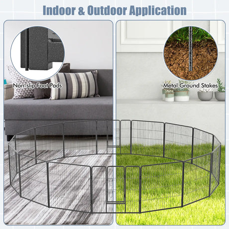 16 Panel 80cm Height Pen Fence with Lock and Large Door-Black