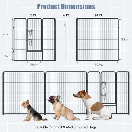 16 Panel 80cm Height Pen Fence with Lock and Large Door-Black