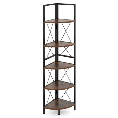 5-Tier Corner Bookshelf Stand with Metal Frame-Rustic Brown