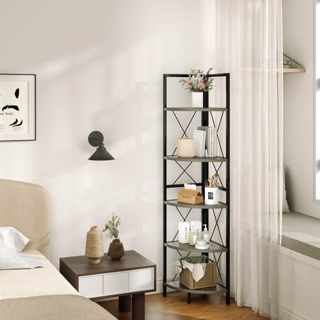 Corner shelf with 5 levels 160 cm high bookcase wooden standing shelf with metal frame oak grey