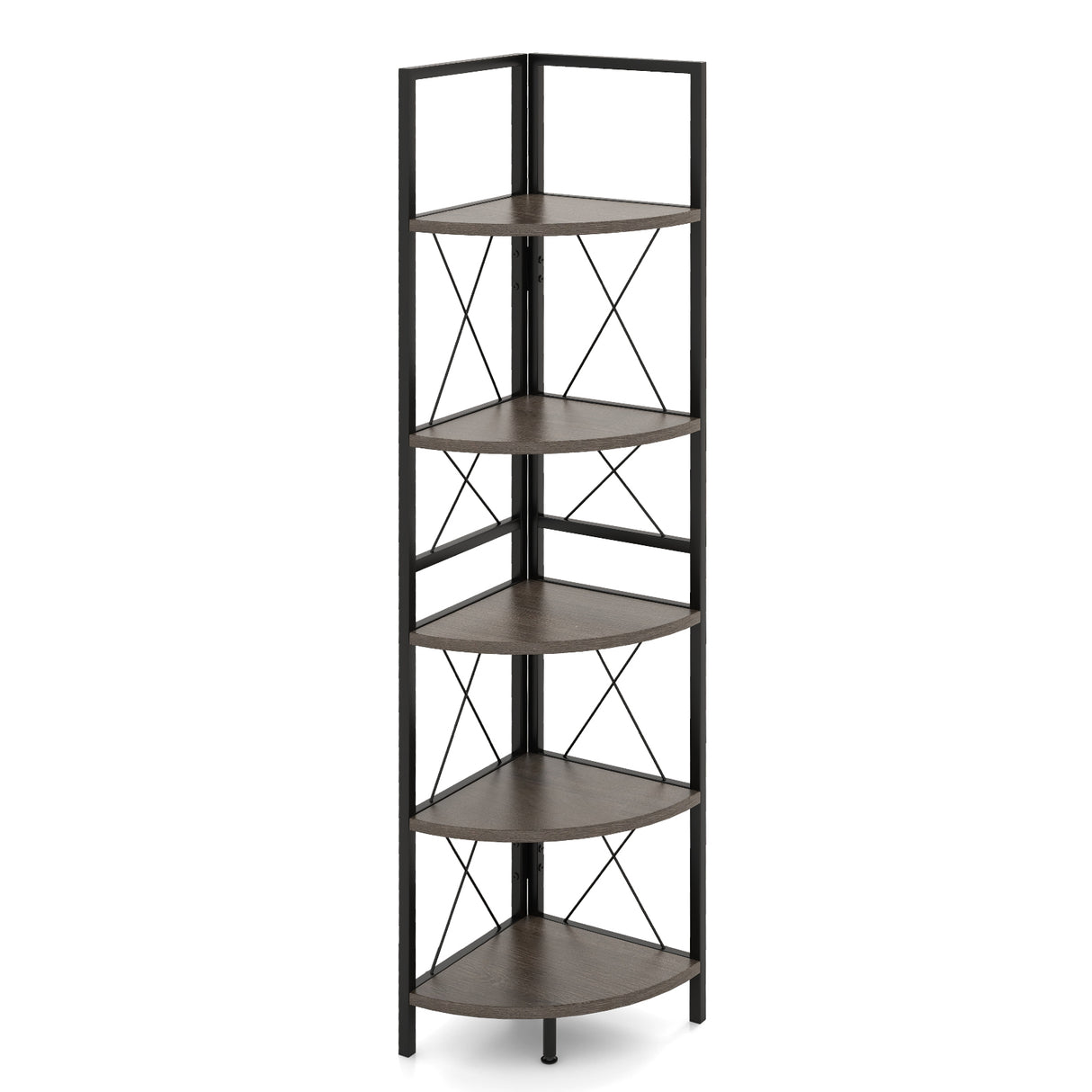 Corner shelf with 5 levels 160 cm high bookcase wooden standing shelf with metal frame oak grey