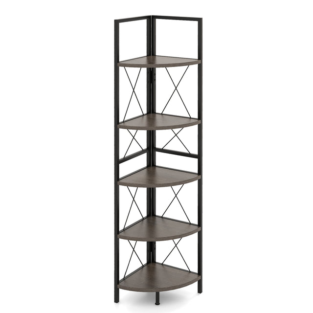 Corner shelf with 5 levels 160 cm high bookcase wooden standing shelf with metal frame oak grey