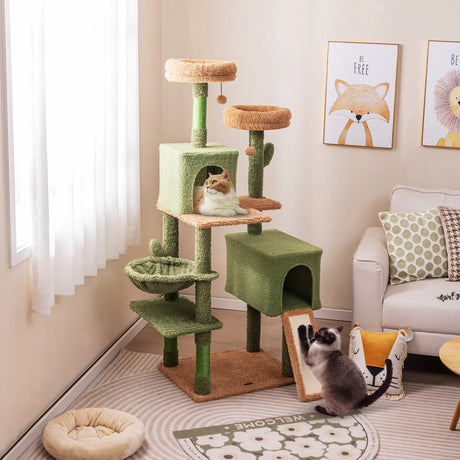 160cm Cactus Cat Tree Multi-level Cat Tower with Sisal Scratching Posts-Green