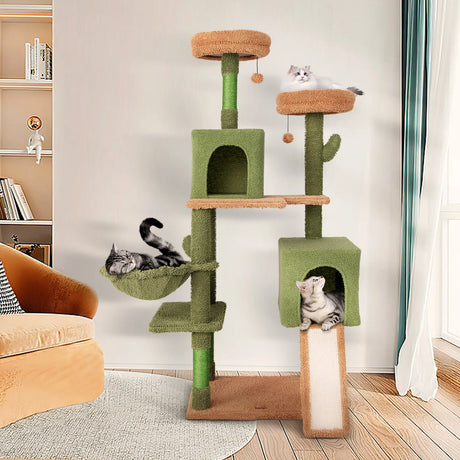 160cm Cactus Cat Tree Multi-level Cat Tower with Sisal Scratching Posts-Green
