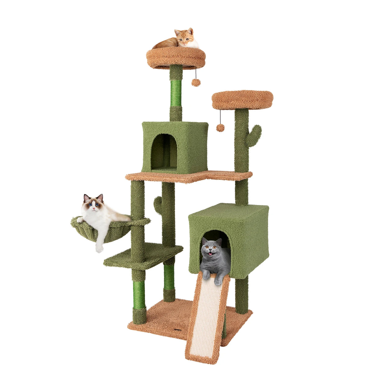 160cm Cactus Cat Tree Multi-level Cat Tower with Sisal Scratching Posts-Green