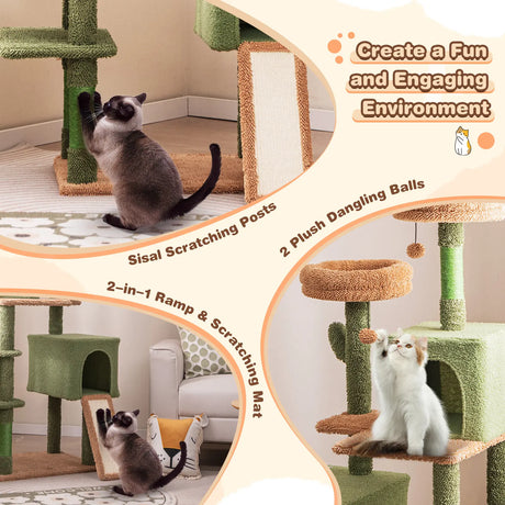 160cm Cactus Cat Tree Multi-level Cat Tower with Sisal Scratching Posts-Green