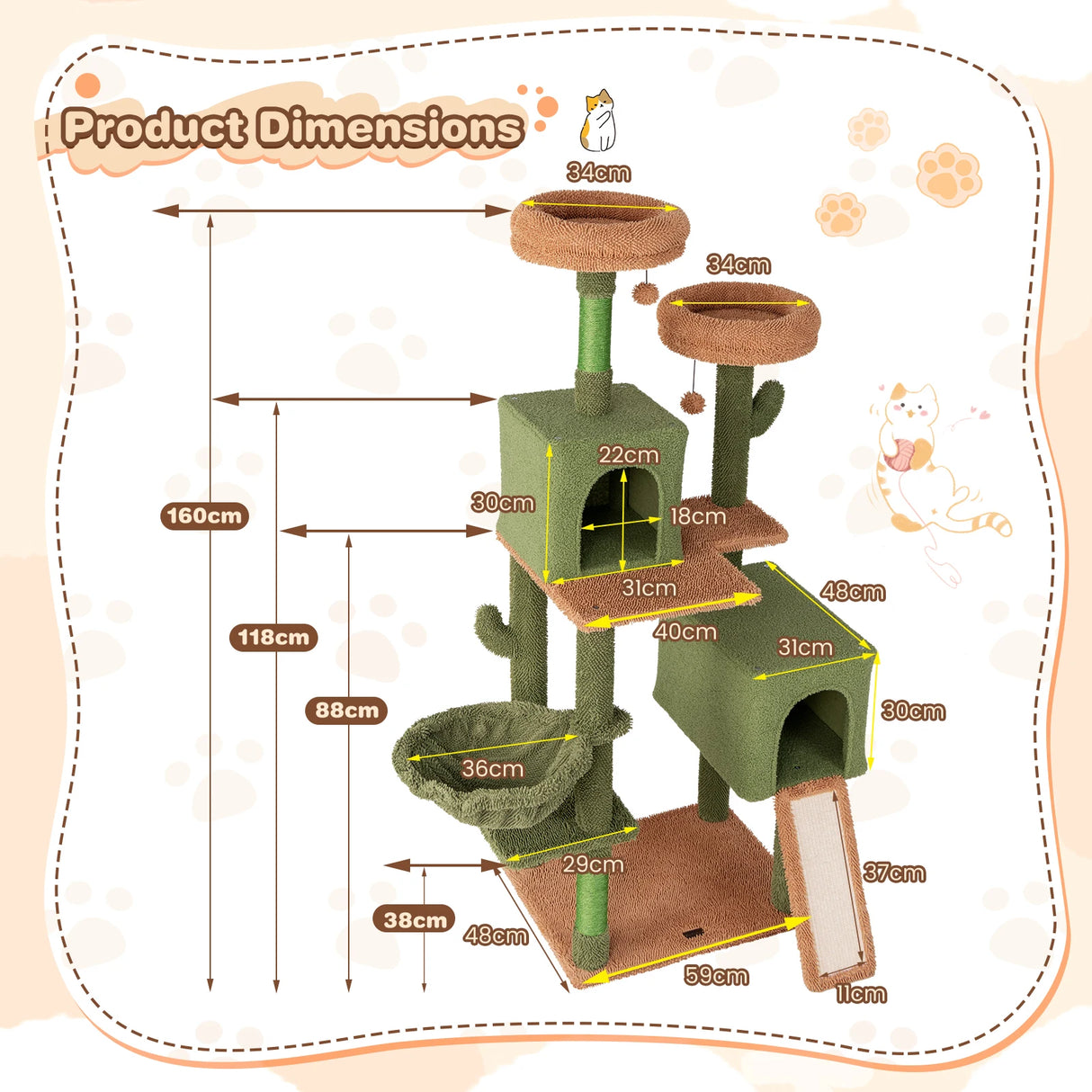160cm Cactus Cat Tree Multi-level Cat Tower with Sisal Scratching Posts-Green