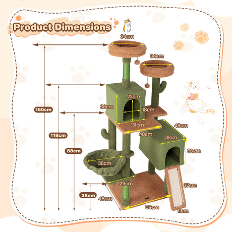 160cm Cactus Cat Tree Multi-level Cat Tower with Sisal Scratching Posts-Green