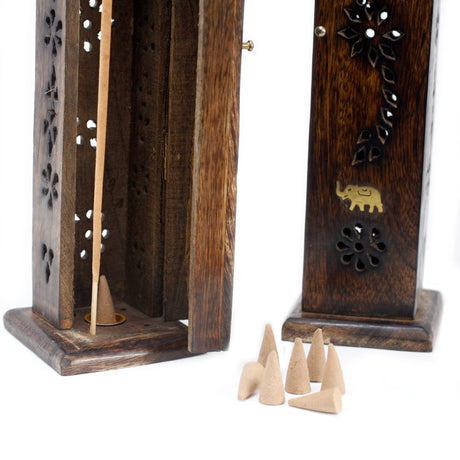 Square Incense Tower - Brass inlay - Mango Wood