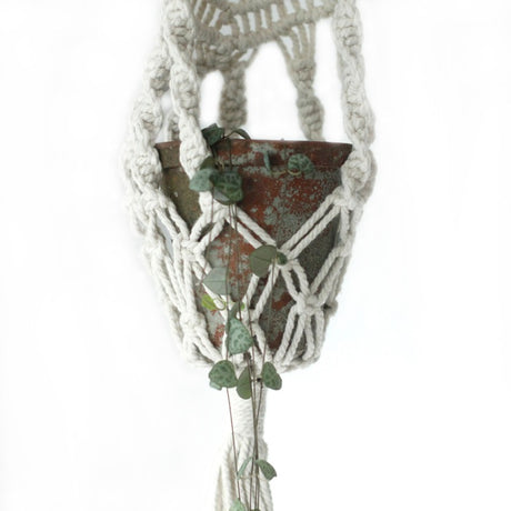 Macrame Pot Holder - Long With Ratten Hoop